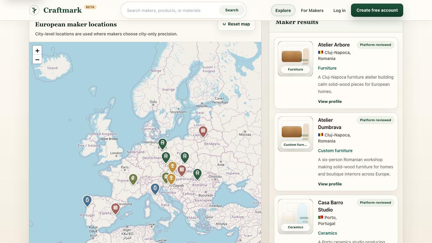 Screenshot of the Craftmark Europe maker map with filters, map view, and public maker result cards.