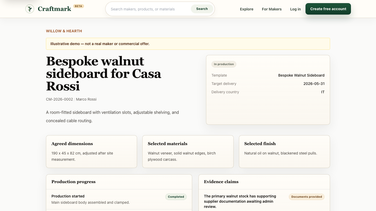 Screenshot of a Craftmark order passport page for a custom oak dining table with order details, milestones, and review context.